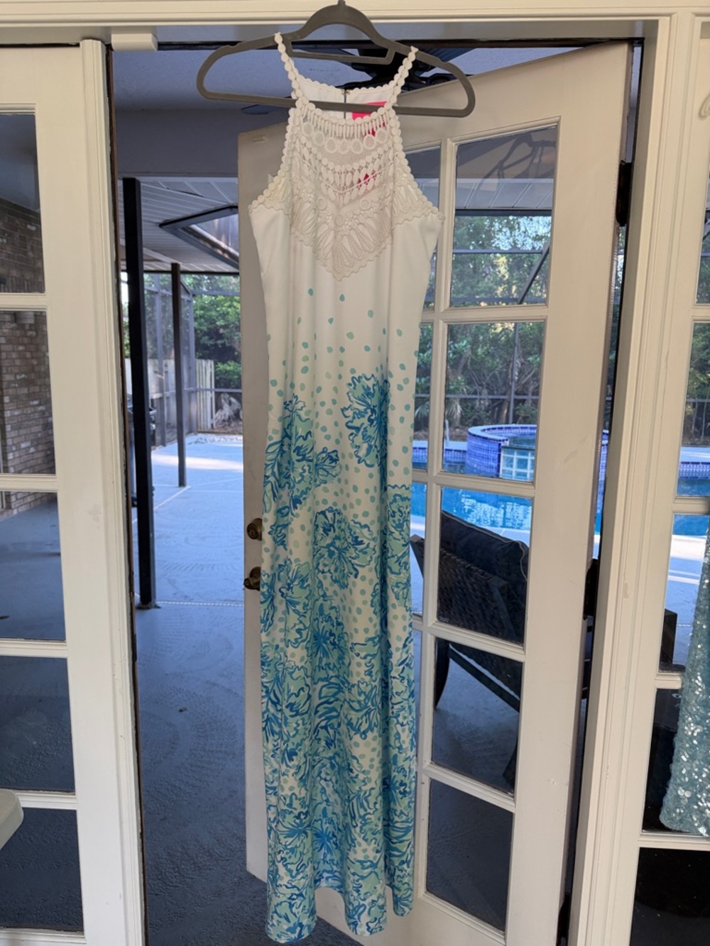 Lilly Pulitzer White and Blue Crochet Halter Floral Maxi Dress - Picture 9 of 9